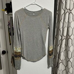 Free People Gray Long Sleeve Top with Patterned Sleeves